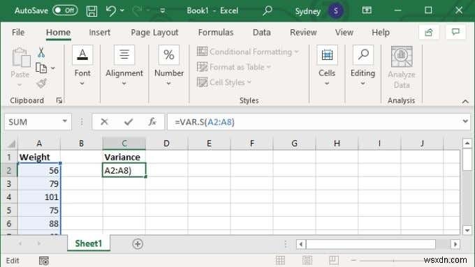 Cách tính phương sai trong Excel