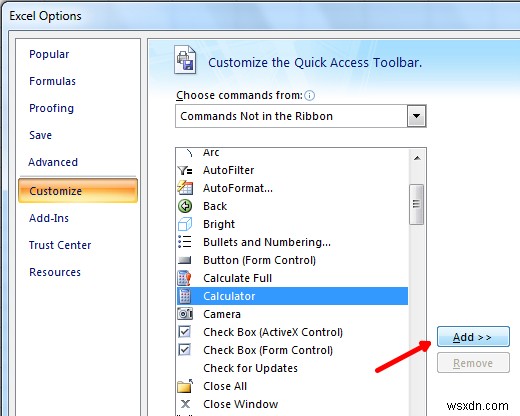 Thêm Máy tính Windows vào Thanh công cụ truy cập nhanh của Excel