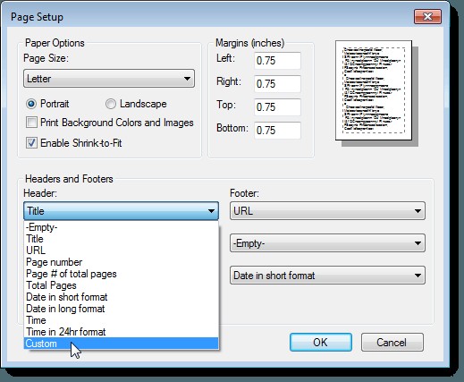 Thay đổi hoặc xóa Header/Footer khi in trong Internet Explorer hoặc Edge