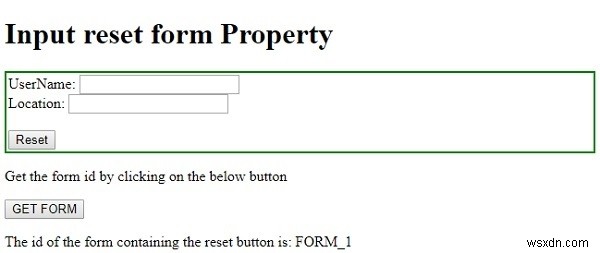 Thuộc tính form của Input Reset trong HTML DOM