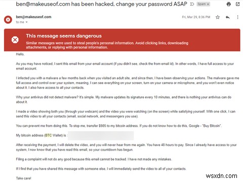Lừa đảo email trang người lớn: ĐỪNG给比特币给小偷