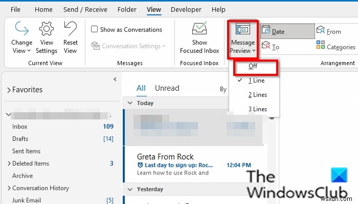 Cách tắt Xem trước tin nhắn (Message Preview) trong Outlook