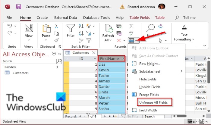 Cách đóng băng và bỏ đóng băng cột trong Microsoft Access