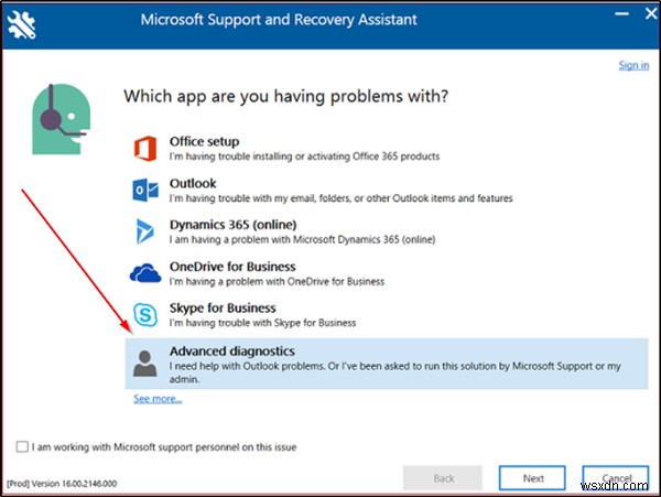 Sử dụng Chẩn đoán nâng cao trong Microsoft Support and Recovery Assistant để khắc phục sự cố Outlook