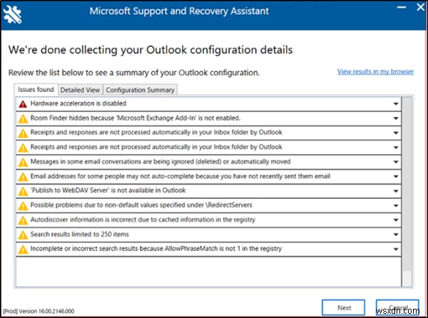 Sử dụng Chẩn đoán nâng cao trong Microsoft Support and Recovery Assistant để khắc phục sự cố Outlook