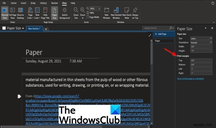 Cách thiết đặt hoặc thay đổi Kích thước trang và Lề (Margins) trong OneNote