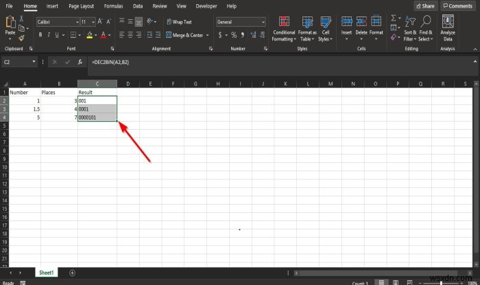 Cách dùng hàm DEC2Bin trong Microsoft Excel để chuyển số thập phân sang nhị phân