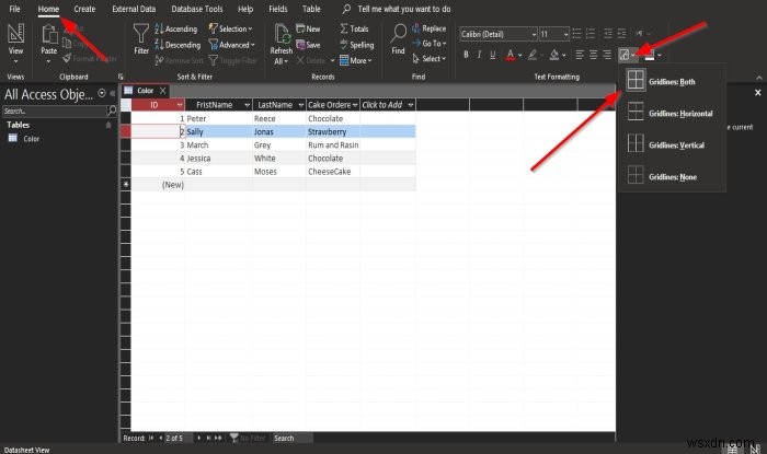 Cách thay đổi kiểu đường lưới (Gridline Style) và Màu nền (Background Color) trong Datasheet Access