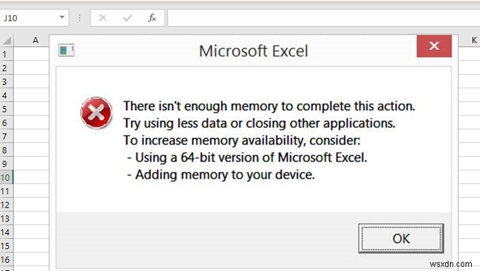 Excel không thể hoàn thành tác vụ, hết bộ nhớ, không đủ tài nguyên hệ thống để hiển thị hoàn toàn