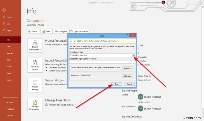 Cách đính kèm hoặc xóa Chữ ký số trong bài trình chiếu PowerPoint