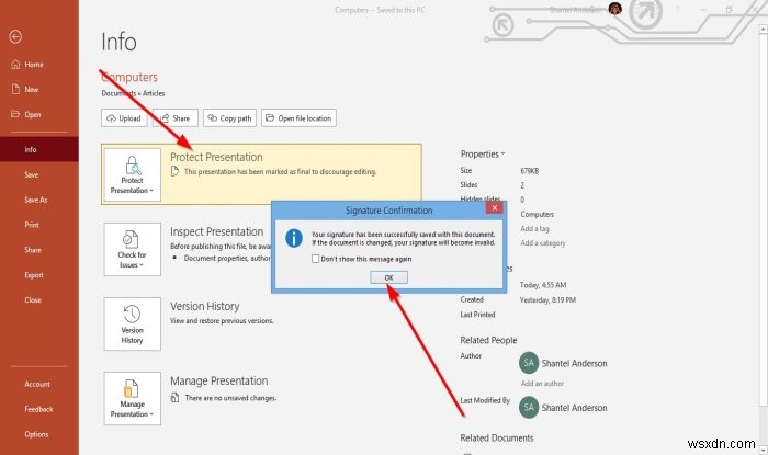 Cách đính kèm hoặc xóa Chữ ký số trong bài trình chiếu PowerPoint