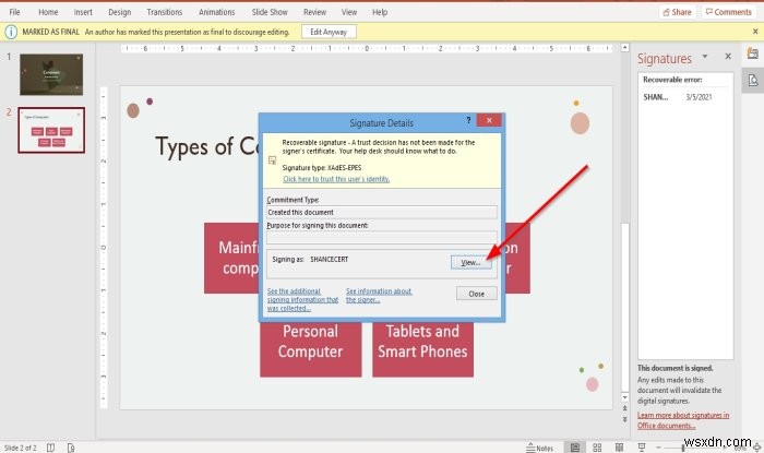 Cách đính kèm hoặc xóa Chữ ký số trong bài trình chiếu PowerPoint