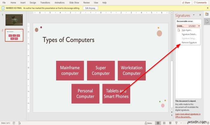 Cách đính kèm hoặc xóa Chữ ký số trong bài trình chiếu PowerPoint