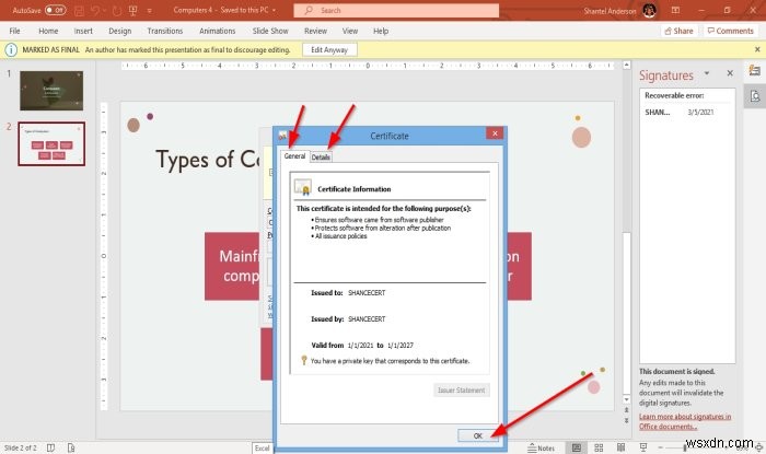 Cách đính kèm hoặc xóa Chữ ký số trong bài trình chiếu PowerPoint