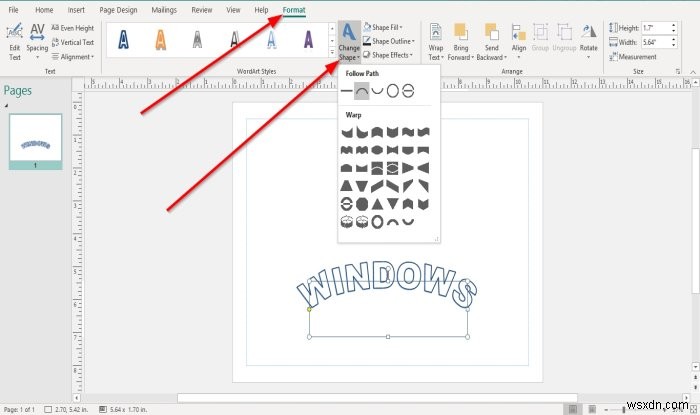 Cách thay đổi hình dạng văn bản WordArt trong Microsoft Publisher
