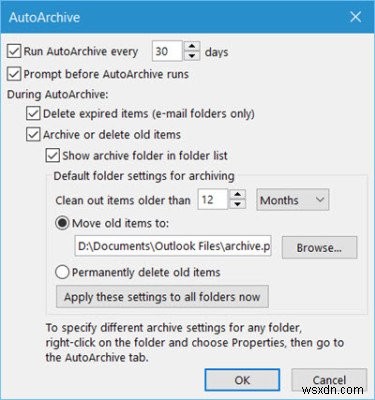 Tự động lưu trữ (Auto Archive) mục cũ trong Microsoft Outlook trên Windows 11/10