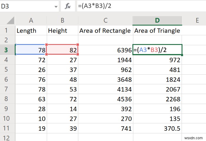 Cách tính diện tích Hình chữ nhật, Tam giác, Hình tròn trong Excel