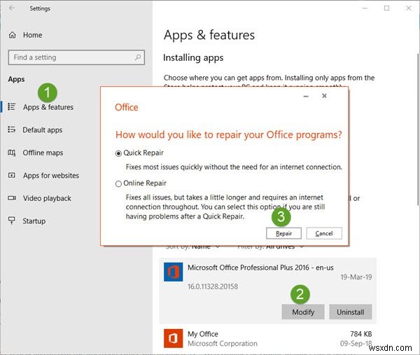 Cách sửa chữa Office & Gỡ cài đặt từng chương trình Microsoft Office riêng lẻ