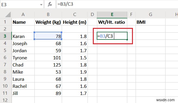 Tính tỷ lệ Cân nặng/Chiều cao và BMI trong Excel bằng công thức tính BMI