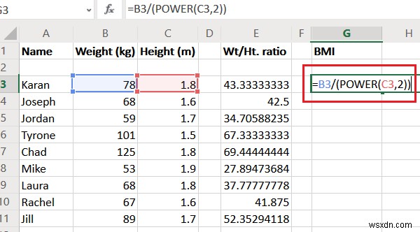 Tính tỷ lệ Cân nặng/Chiều cao và BMI trong Excel bằng công thức tính BMI