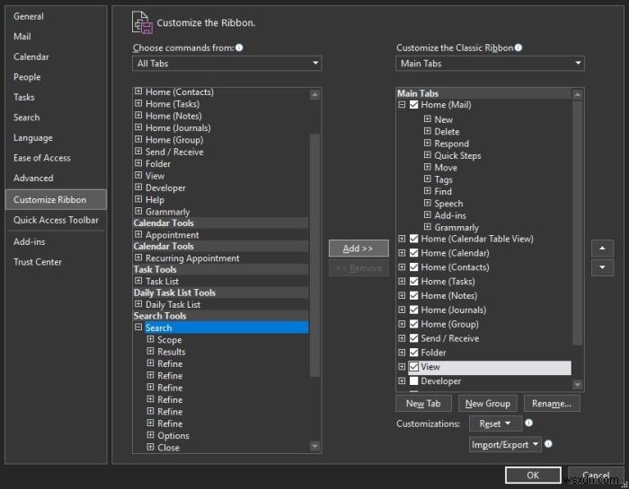 Cách thêm tab Tìm kiếm vào Ribbon Outlook