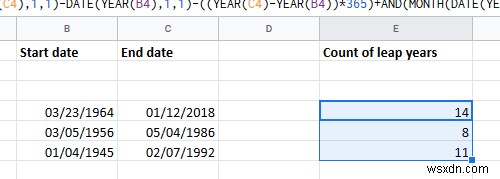 Cách tính số năm nhuận giữa hai ngày trong Excel