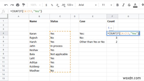 Cách đếm số lượng mục  Yes  hoặc  No  trong Excel
