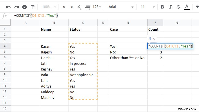 Cách đếm số lượng mục  Yes  hoặc  No  trong Excel