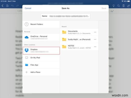 Cách lưu file Microsoft Office vào Dropbox trên iPad