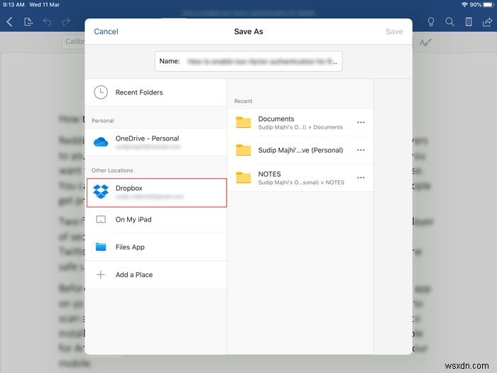 Cách lưu file Microsoft Office vào Dropbox trên iPad