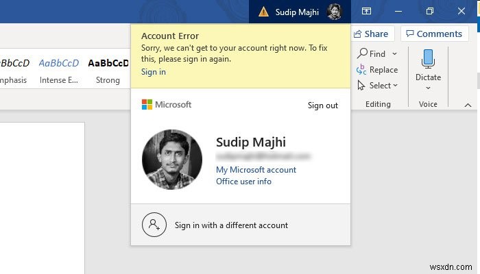 Lỗi Xin lỗi, chúng tôi không thể truy cập tài khoản của bạn lúc này trong ứng dụng Office 365