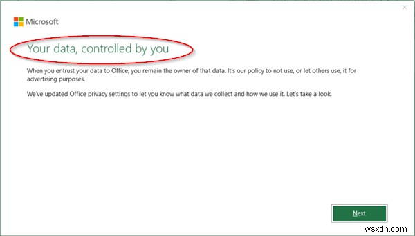 Thông báo Your data, controlled by you trong ứng dụng Office