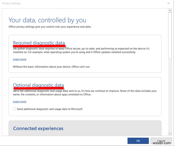 Thông báo Your data, controlled by you trong ứng dụng Office