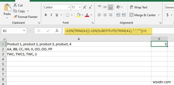 Đếm số giá trị phân tách bằng dấu phẩy trong một ô đơn lẻ trong Excel và Google Sheets