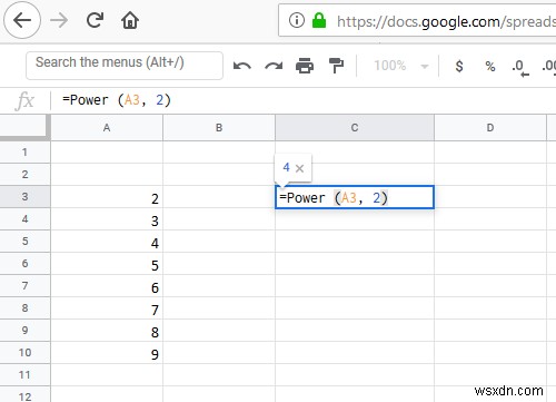 Cách tính lũy thừa cho phạm vi ô trong Excel