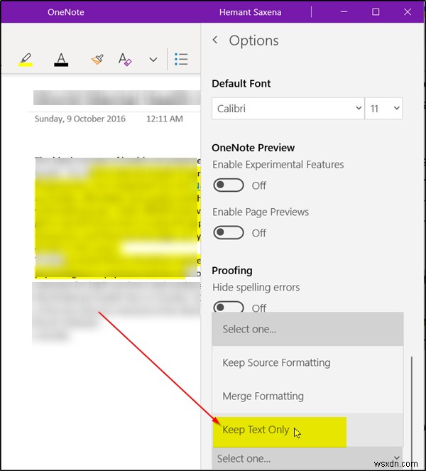 Buộc OneNote dán chỉ văn bản thuần túy không định dạng