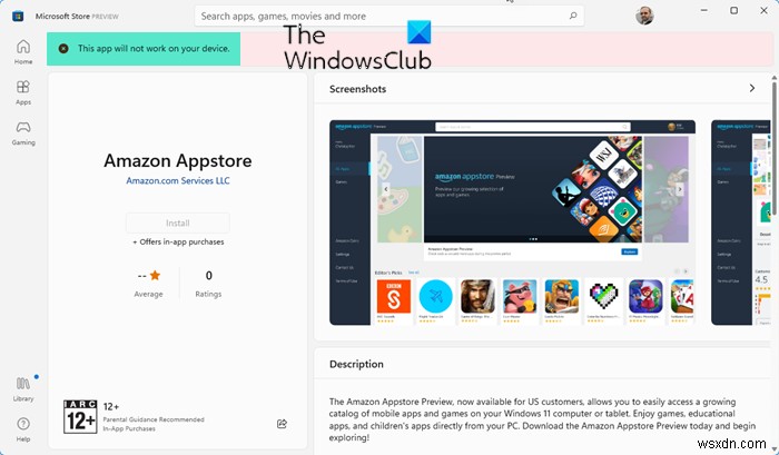Khắc phục lỗi This app will not work on your device khi cài Amazon AppStore trên Windows 11
