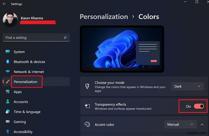 Cách bật hoặc tắt hiệu ứng trong suốt trong Windows 11