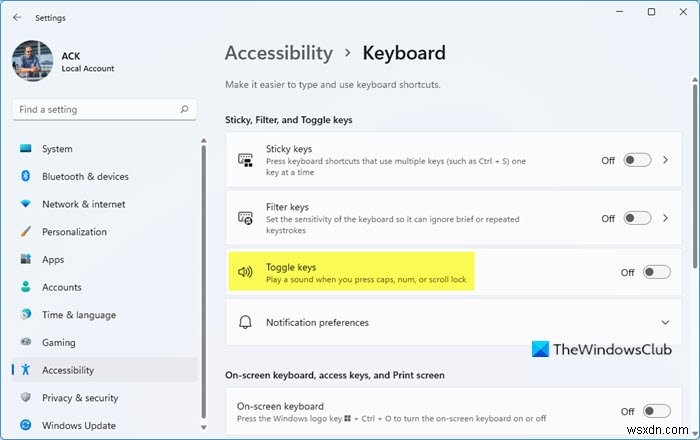 Cách tắt âm thanh phím Toggle Keys trong Windows 11