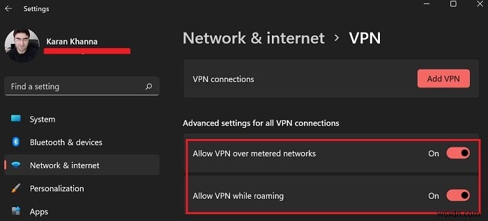 Cách cho phép VPN qua kết nối giới hạn băng thông và khi dây chuyền trên máy tính Windows 11