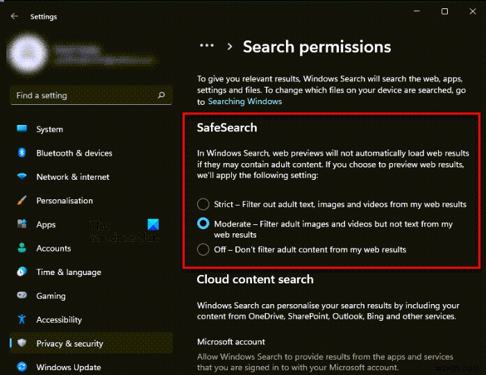 Cách cấu hình Search Settings và Permissions trong Windows 11