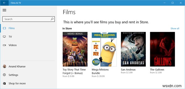 Mua hoặc thuê phim, nội dung TV qua ứng dụng Movies & TV trên Windows 11/10