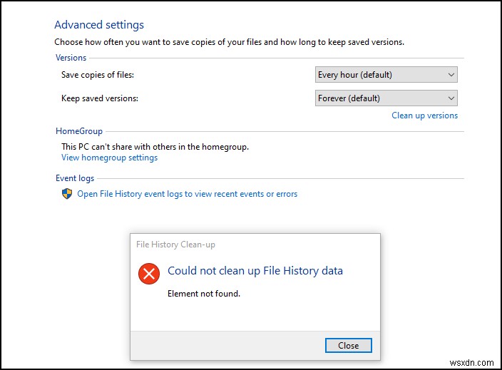 Khắc phục lỗi File History Element Not Found trên Windows 10