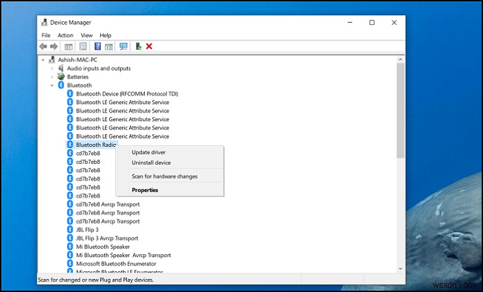 Bluetooth Troubleshooter báo Check Bluetooth Radio Status Not fixed