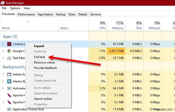 Không thể đóng Cortana trên Windows 10