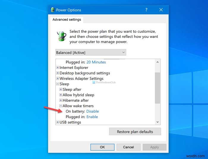 Bật/Tắt Cho phép bộ định thời đánh thức (Allow wake timers) trên Windows 11/10
