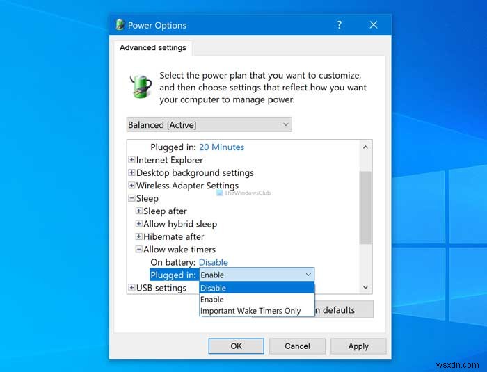 Bật/Tắt Cho phép bộ định thời đánh thức (Allow wake timers) trên Windows 11/10