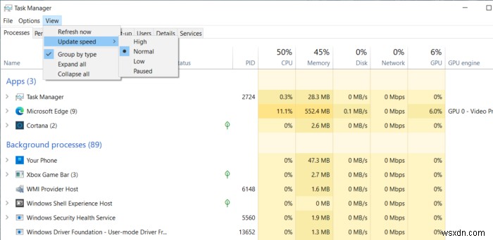 Cách thay đổi tốc độ cập nhật dữ liệu Task Manager trên Windows 10
