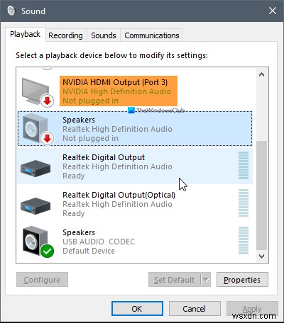 Khắc phục lỗi NVIDIA High Definition Audio Not plugged in trên Windows 11/10