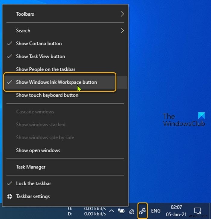 Cách ẩn hoặc hiển thị nút Windows Ink Workspace trên Taskbar trong Windows 10